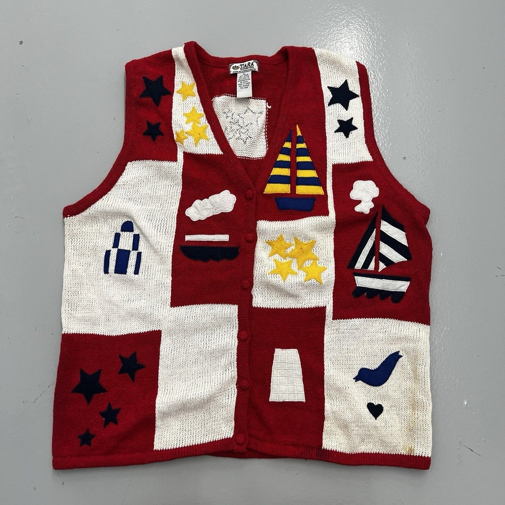 Tiara International Women XL Red Nautical Sailboat Patchwork Knit Vest Star